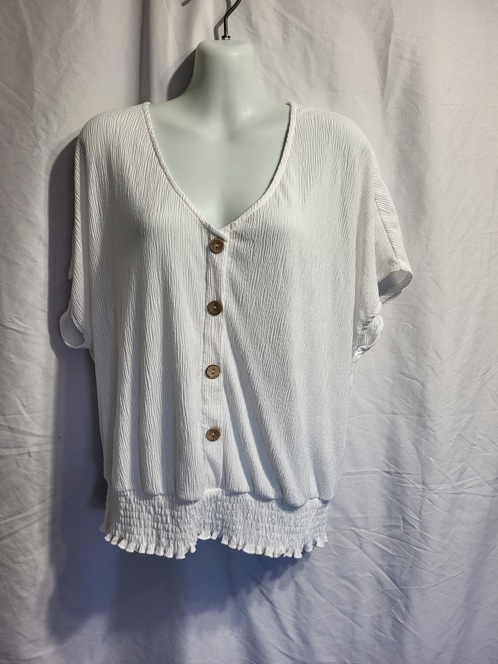 cleo White V-Neck Button Front Blouse,  Size Medium